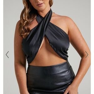AALIYAH TOP - TIE UP HALTER SATIN TOP IN BLACK